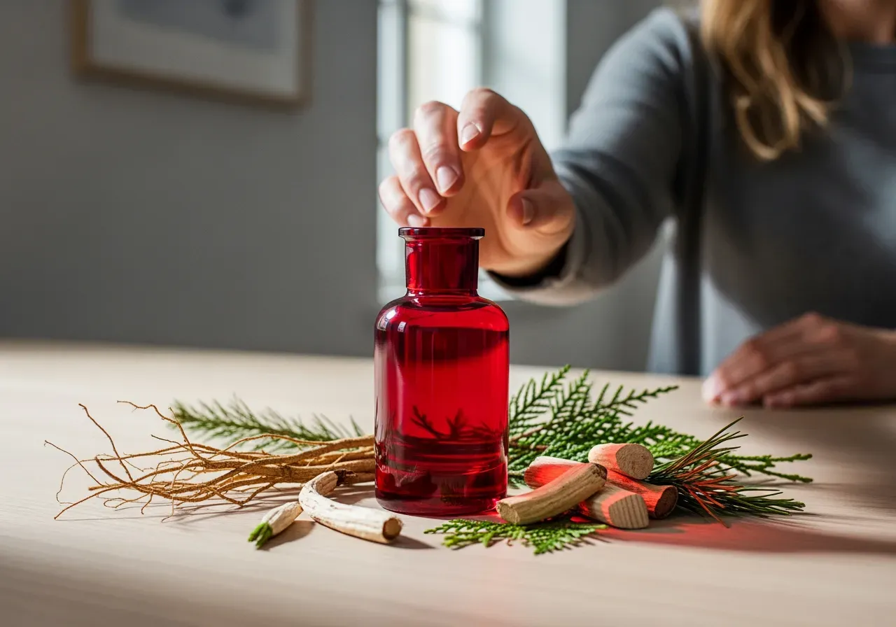 Doftnoter i rött glas vetiver och ceder