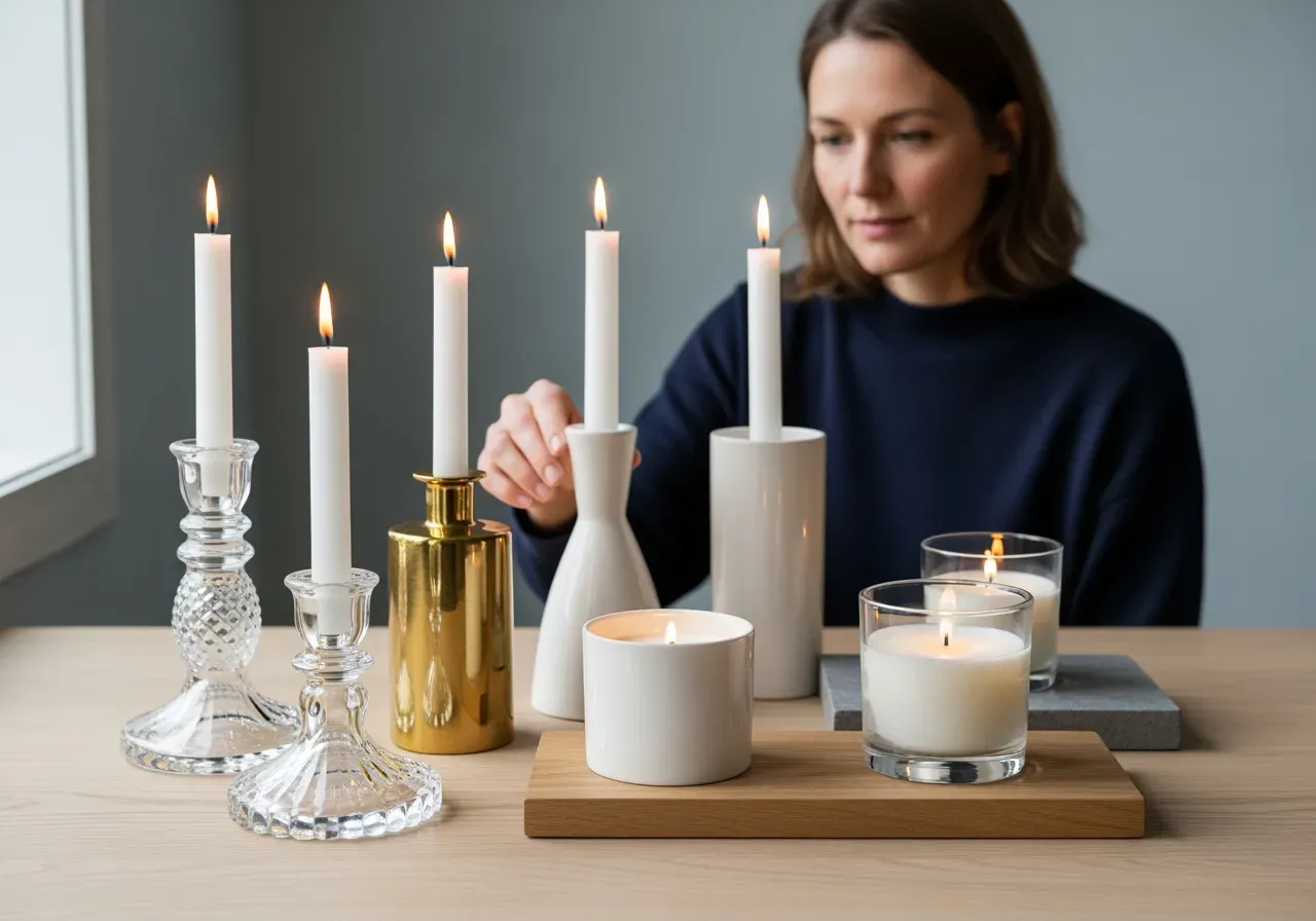 Doftljus i kristall, mässing, keramik, glas