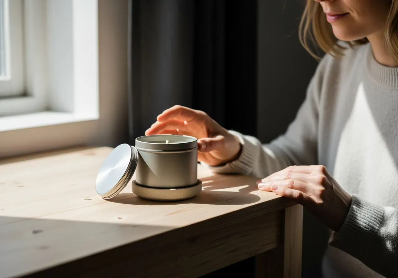 Doftljus med lock i keramik och plåt