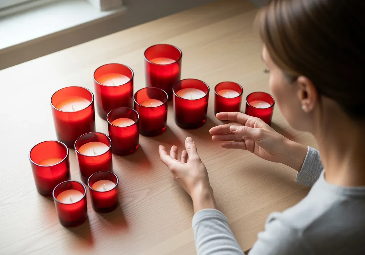 Röda glasljus guide för doftval