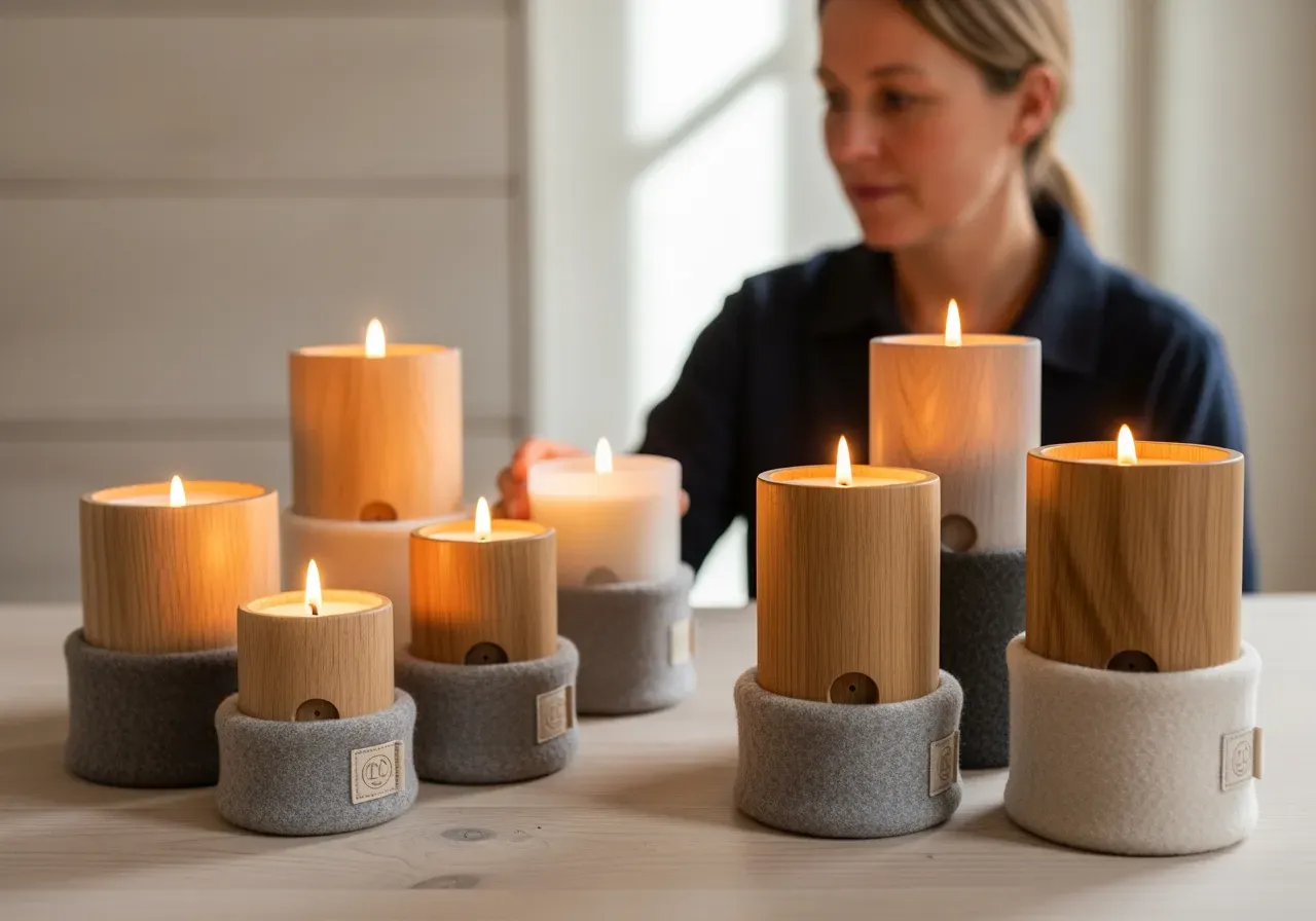 Påfyllningsbara ljus i trä och kashmir